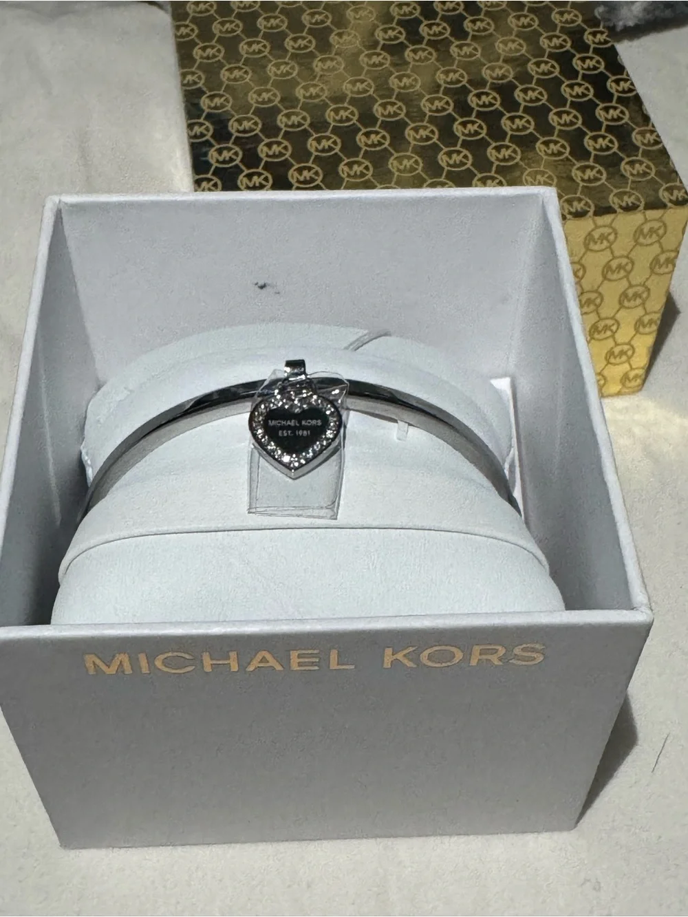 Michael Kors Silver-Tone Heart Charm Bangle with Crystal Accent